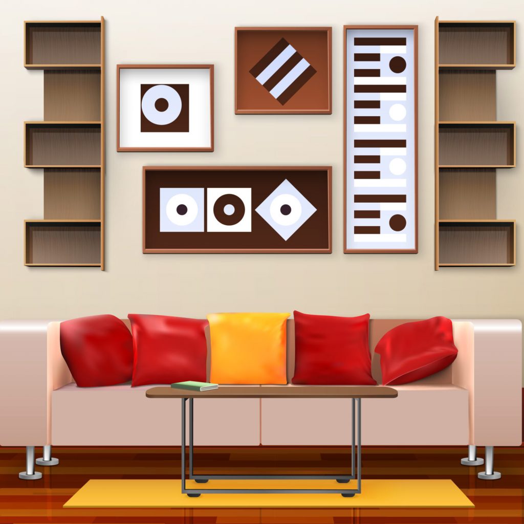 Living room interior design with sofa pillows and lamp isometric vector illustration